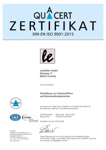 Startseite 10 Zertifikat der Lechleiter GmbH nach DIN EN ISO 9001:2015 für Industriefilter und Reinraumkomponenten