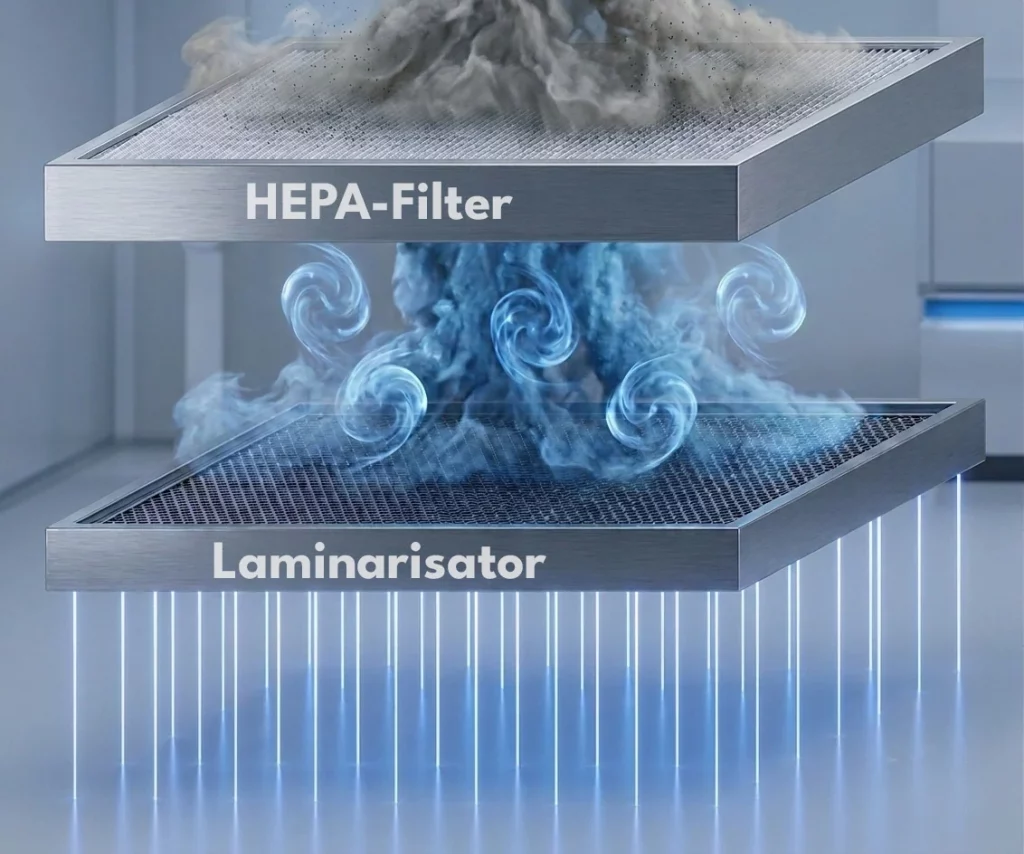 Diagram showing how a HEPA filter works in combination with a laminar flow module to create laminar airflow.