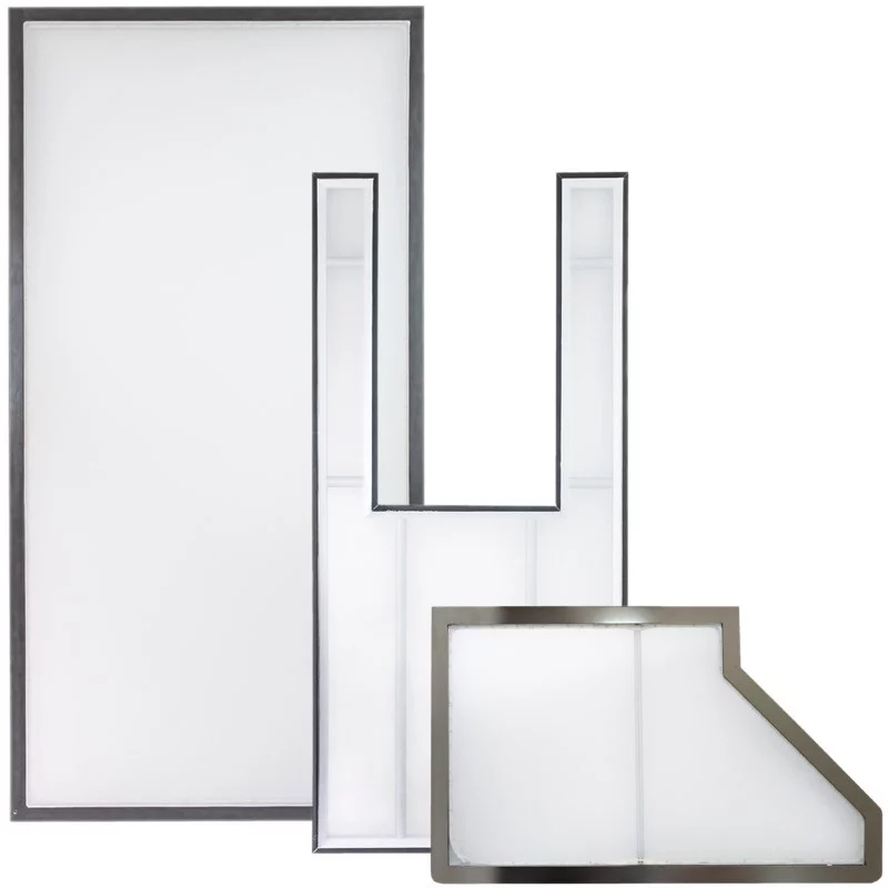 Three different laminar flow modules and filter elements with metal frames and fabric for industrial systems