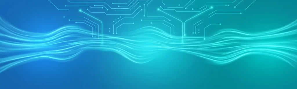 Abstrakte digitale Grafik mit einer Lichtströmung und einem elektronischen Schaltkreis-Muster vor blau-türkisem Hintergrund.