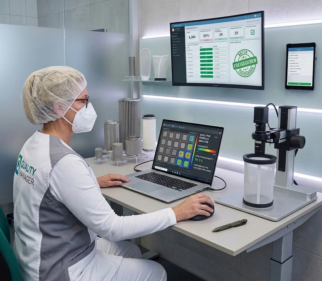 Startseite 9 QM-Kontrolle von Filtereinsätzen in der industriellen Produktion mit Laptop und Monitor